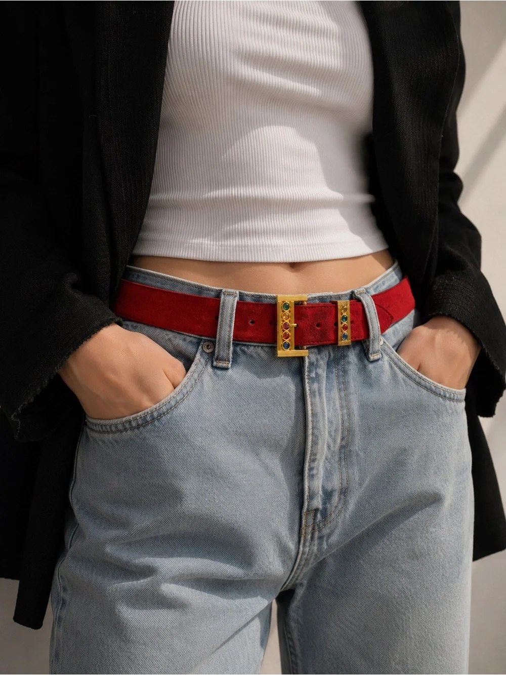 1980s maximalist jewel-tone red suede statement belt